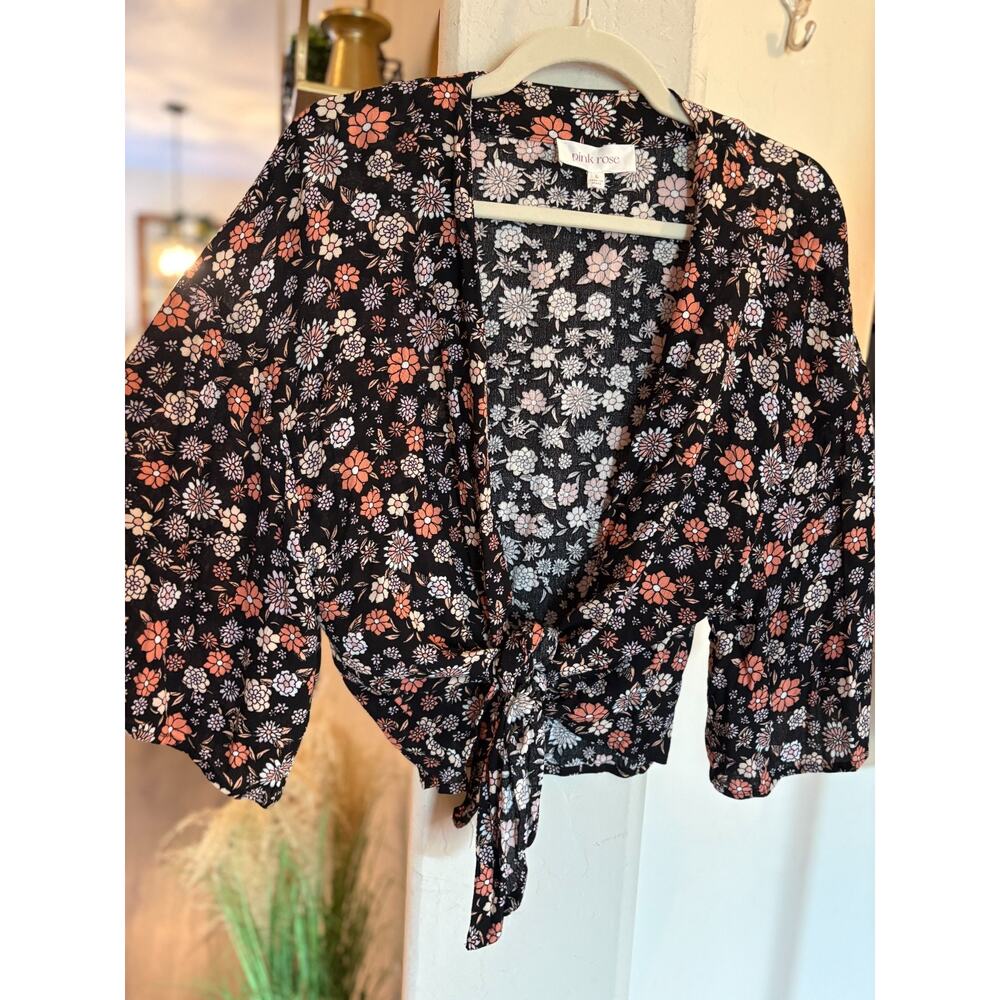 Pink Rose Floral Tie-Front Kimono Crop Top Black Pink Orange Size Large 8-12